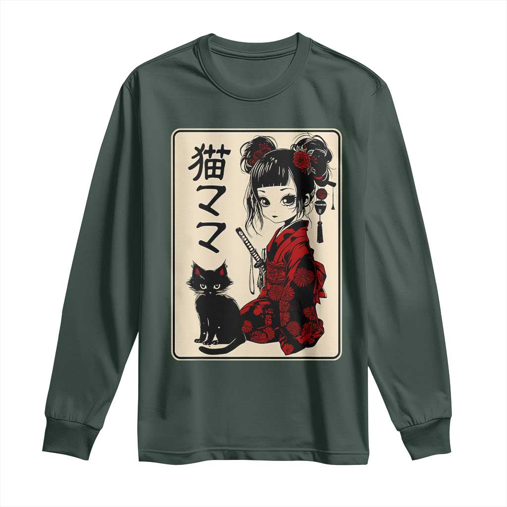 Japanese Gothic Kawaii Anime Samurai Cat Long Sleeve Shirt Japan Female Bushido Graphic With Kanji Retro Vintage
