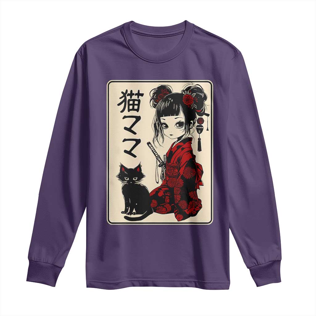 Japanese Gothic Kawaii Anime Samurai Cat Long Sleeve Shirt Japan Female Bushido Graphic With Kanji Retro Vintage