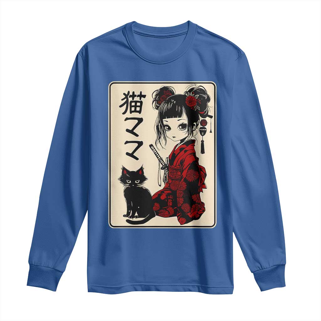 Japanese Gothic Kawaii Anime Samurai Cat Long Sleeve Shirt Japan Female Bushido Graphic With Kanji Retro Vintage