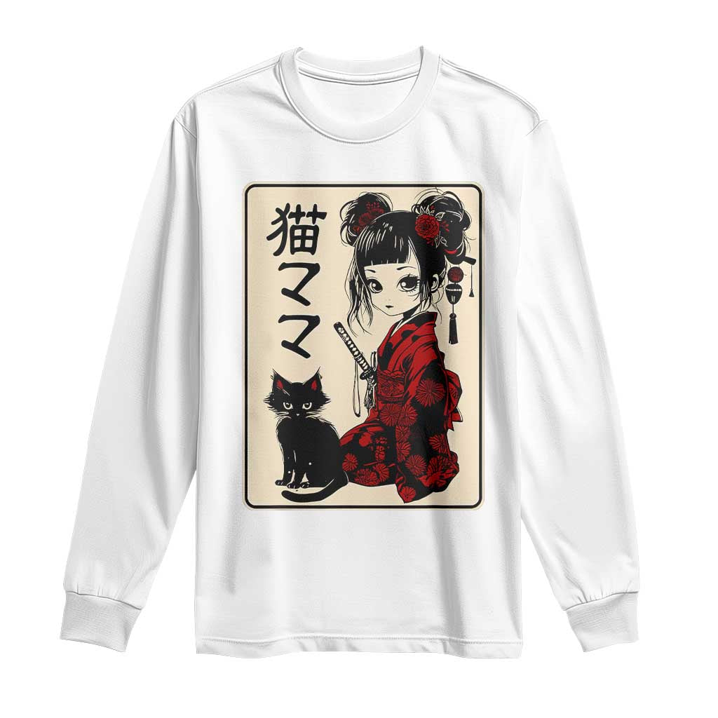 Japanese Gothic Kawaii Anime Samurai Cat Long Sleeve Shirt Japan Female Bushido Graphic With Kanji Retro Vintage