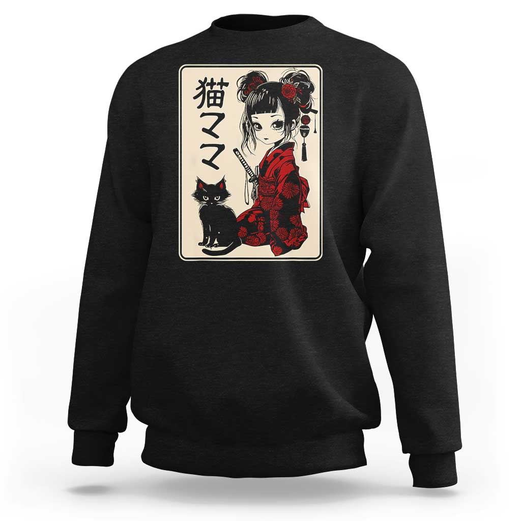 Japanese Gothic Kawaii Anime Samurai Cat Sweatshirt Japan Female Bushido Graphic With Kanji Retro Vintage - Wonder Print Shop