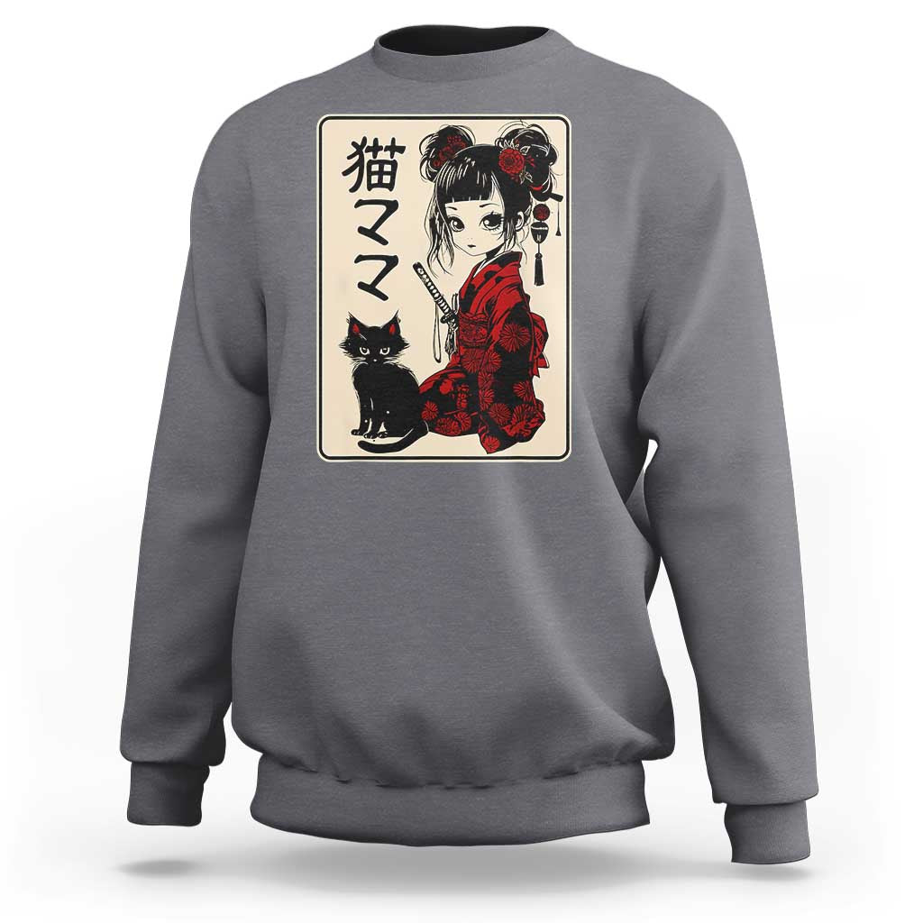 Japanese Gothic Kawaii Anime Samurai Cat Sweatshirt Japan Female Bushido Graphic With Kanji Retro Vintage - Wonder Print Shop