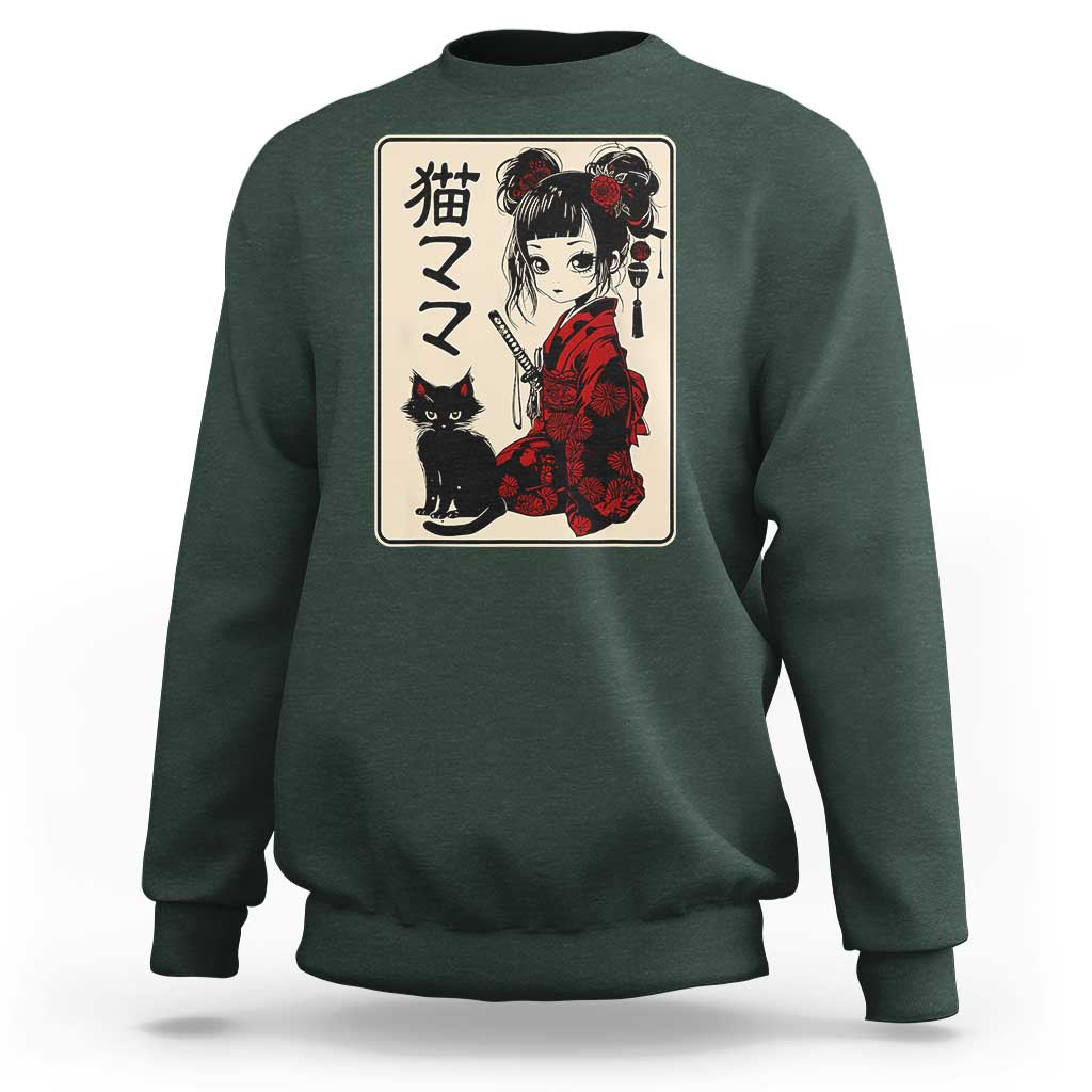 Japanese Gothic Kawaii Anime Samurai Cat Sweatshirt Japan Female Bushido Graphic With Kanji Retro Vintage - Wonder Print Shop
