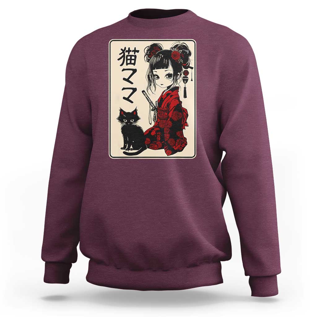 Japanese Gothic Kawaii Anime Samurai Cat Sweatshirt Japan Female Bushido Graphic With Kanji Retro Vintage - Wonder Print Shop