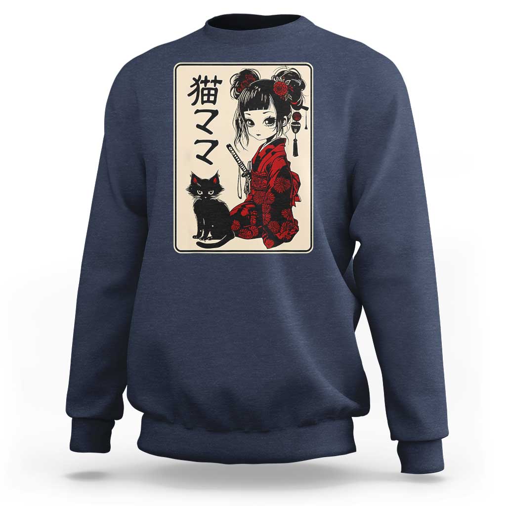 Japanese Gothic Kawaii Anime Samurai Cat Sweatshirt Japan Female Bushido Graphic With Kanji Retro Vintage - Wonder Print Shop