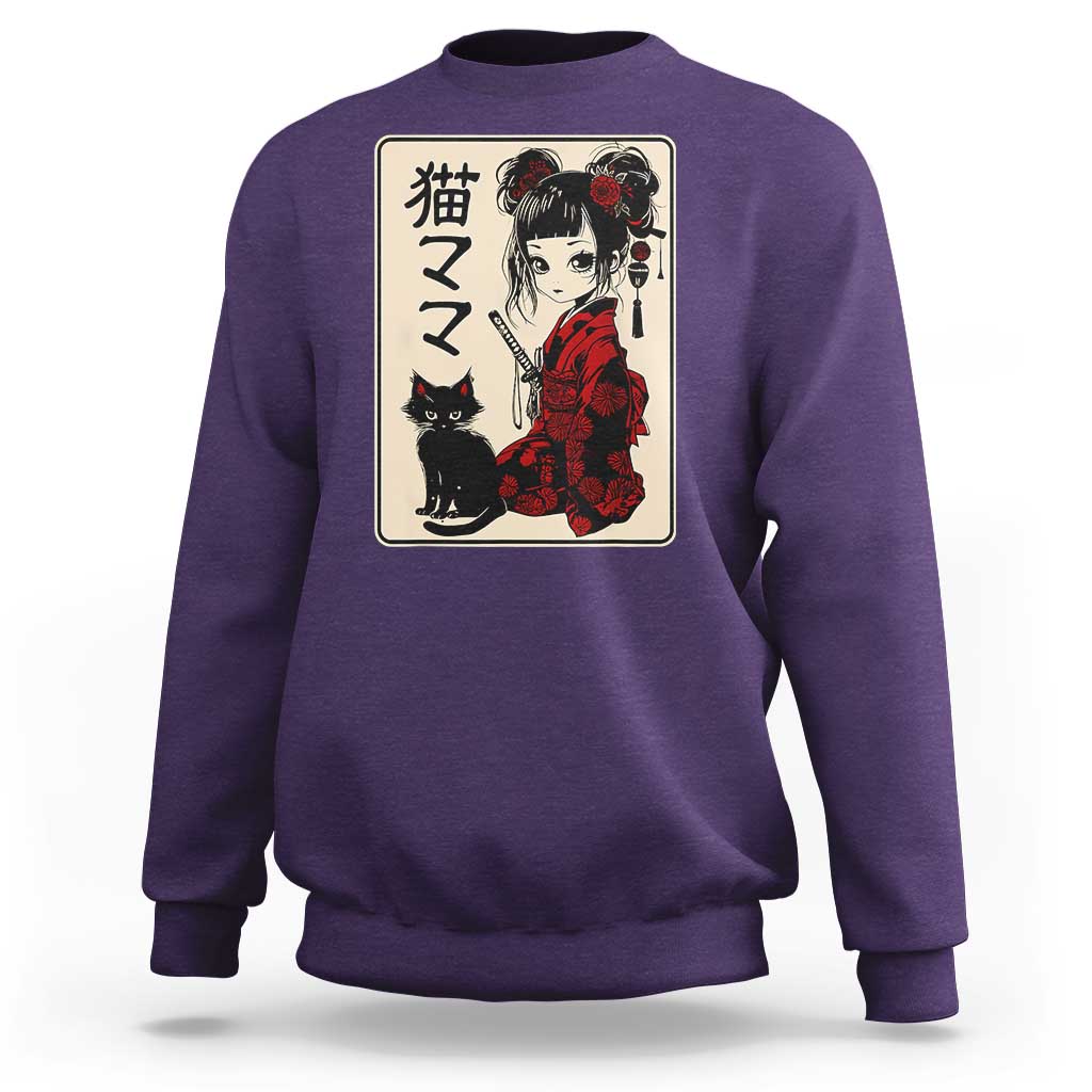 Japanese Gothic Kawaii Anime Samurai Cat Sweatshirt Japan Female Bushido Graphic With Kanji Retro Vintage - Wonder Print Shop