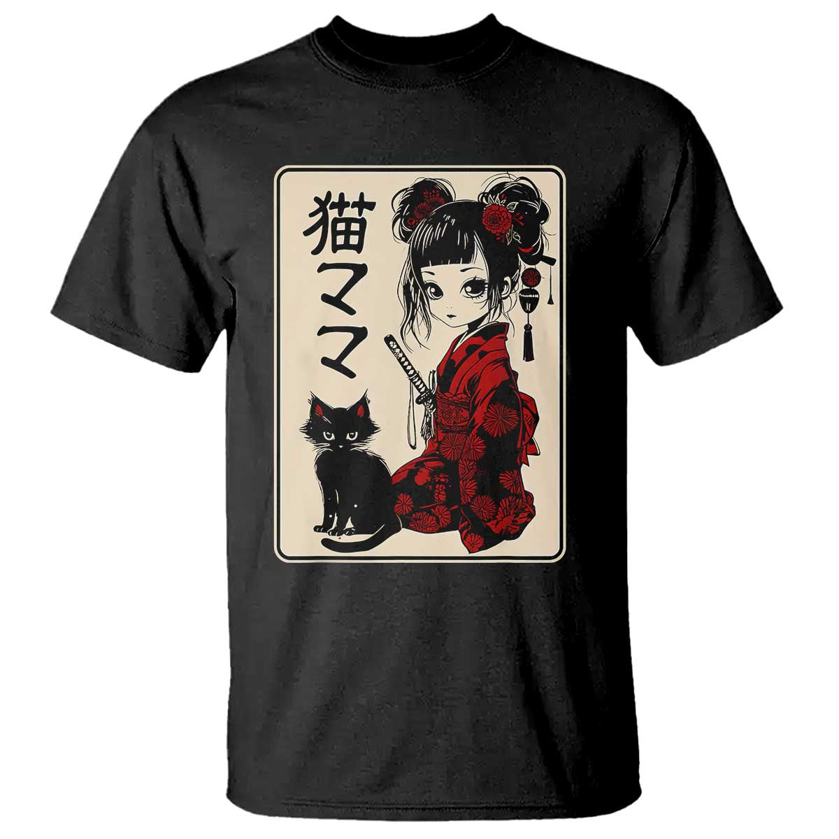 Japanese Gothic Kawaii Anime Samurai Cat T Shirt Japan Female Bushido Graphic With Kanji Retro Vintage - Wonder Print Shop