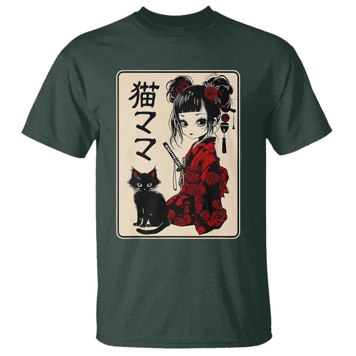 Japanese Gothic Kawaii Anime Samurai Cat T Shirt Japan Female Bushido Graphic With Kanji Retro Vintage - Wonder Print Shop