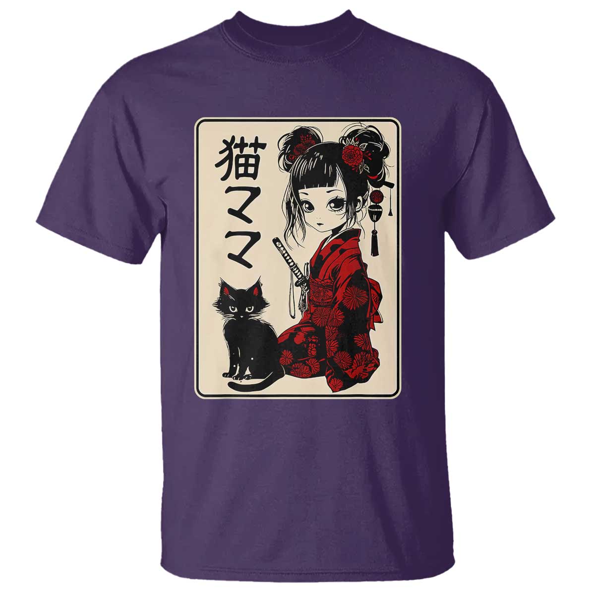 Japanese Gothic Kawaii Anime Samurai Cat T Shirt Japan Female Bushido Graphic With Kanji Retro Vintage - Wonder Print Shop