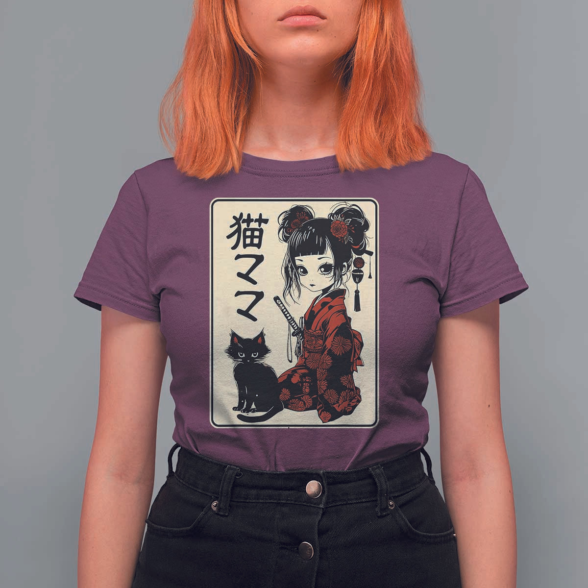 Japanese Gothic Kawaii Anime Samurai Cat T Shirt For Women Japan Female Bushido Graphic With Kanji Retro Vintage - Wonder Print Shop