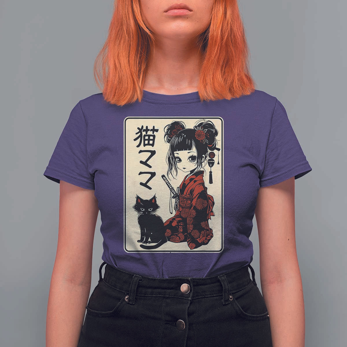 Japanese Gothic Kawaii Anime Samurai Cat T Shirt For Women Japan Female Bushido Graphic With Kanji Retro Vintage - Wonder Print Shop