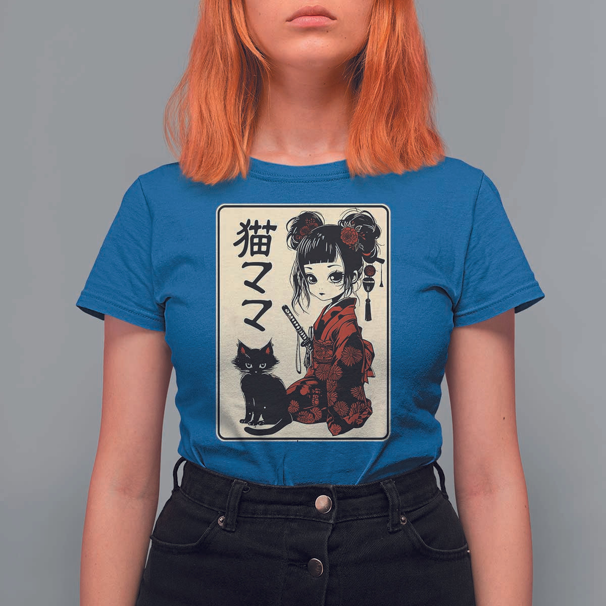 Japanese Gothic Kawaii Anime Samurai Cat T Shirt For Women Japan Female Bushido Graphic With Kanji Retro Vintage - Wonder Print Shop