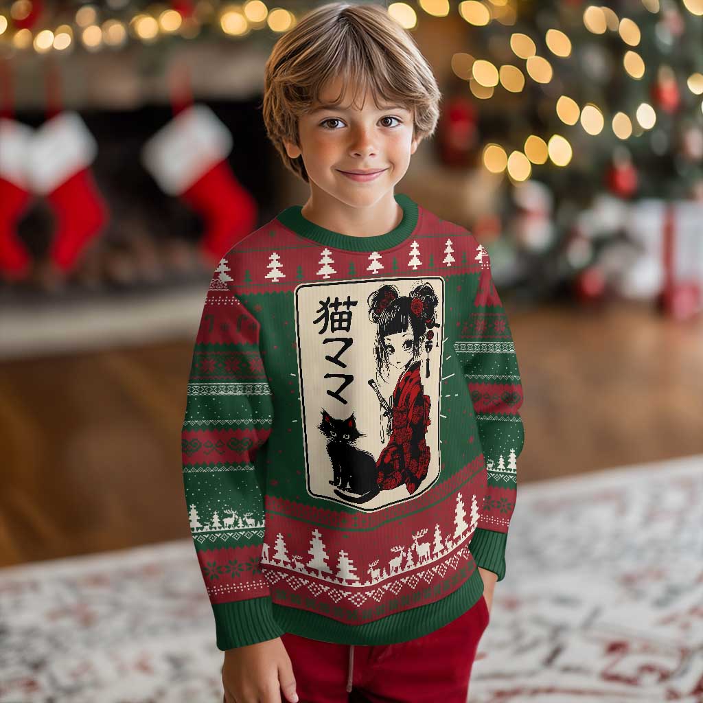 Japanese Gothic Kawaii Anime Samurai Cat Ugly Christmas Sweater Japan Female Bushido Graphic With Kanji Retro Vintage - Wonder Print Shop