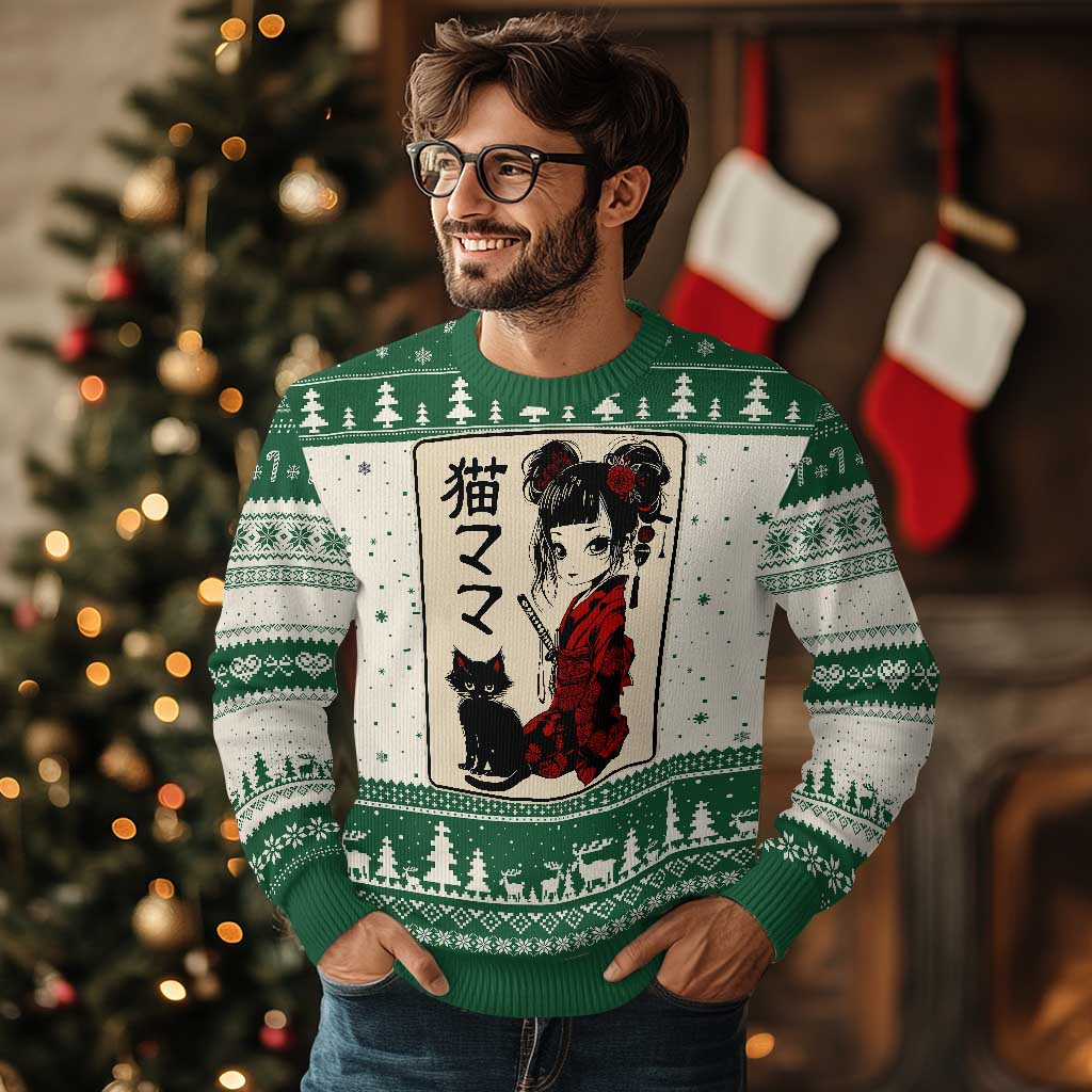 Japanese Gothic Kawaii Anime Samurai Cat Ugly Christmas Sweater Japan Female Bushido Graphic With Kanji Retro Vintage - Wonder Print Shop