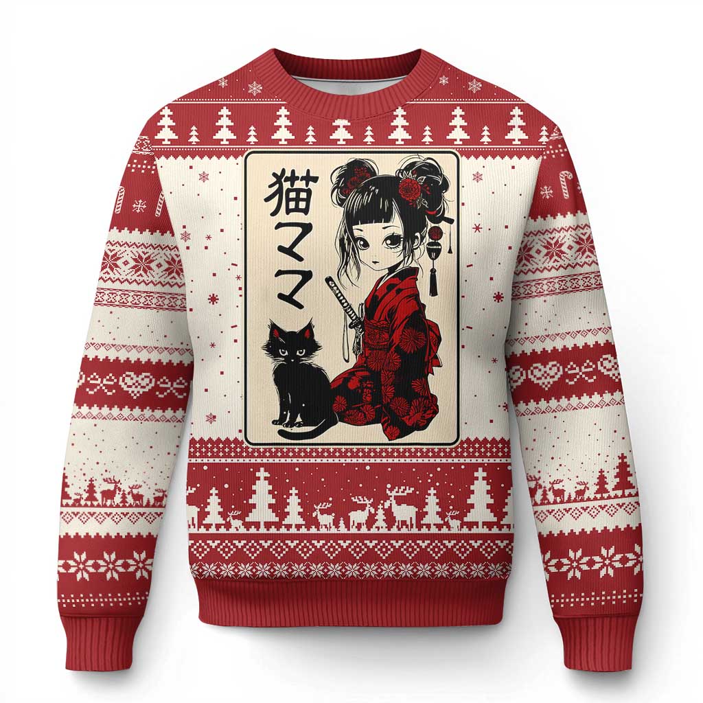 Japanese Gothic Kawaii Anime Samurai Cat Ugly Christmas Sweater Japan Female Bushido Graphic With Kanji Retro Vintage - Wonder Print Shop