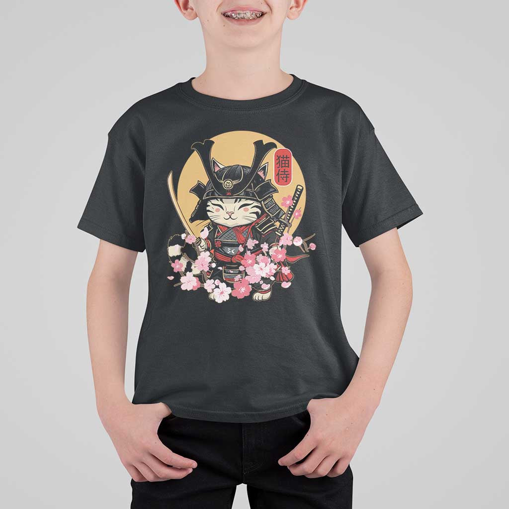 Japanese Samurai Cat T Shirt For Kid Ancient Ninja Kitten Warrior Tattoo Kawaii Otaku Retro - Wonder Print Shop