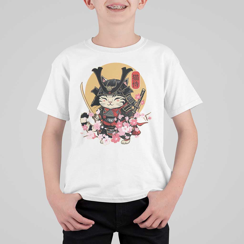 Japanese Samurai Cat T Shirt For Kid Ancient Ninja Kitten Warrior Tattoo Kawaii Otaku Retro - Wonder Print Shop