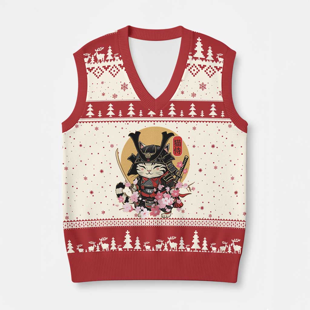 Japanese Samurai Cat V-Neck Knit Sweater Vest Ancient Ninja Kitten Warrior Tattoo Kawaii Otaku Retro - Wonder Print Shop