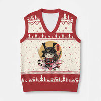Japanese Samurai Cat V-Neck Knit Sweater Vest Ancient Ninja Kitten Warrior Tattoo Kawaii Otaku Retro - Wonder Print Shop