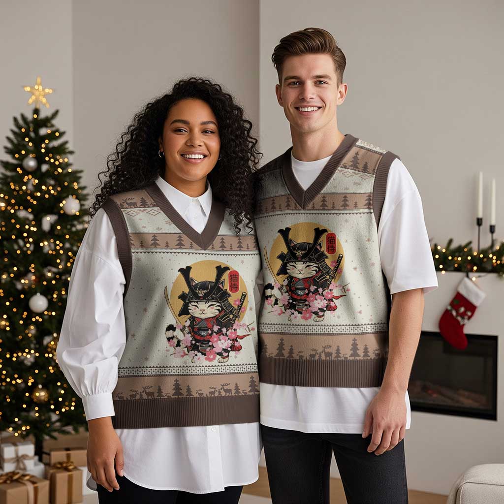 Japanese Samurai Cat V-Neck Knit Sweater Vest Ancient Ninja Kitten Warrior Tattoo Kawaii Otaku Retro - Wonder Print Shop