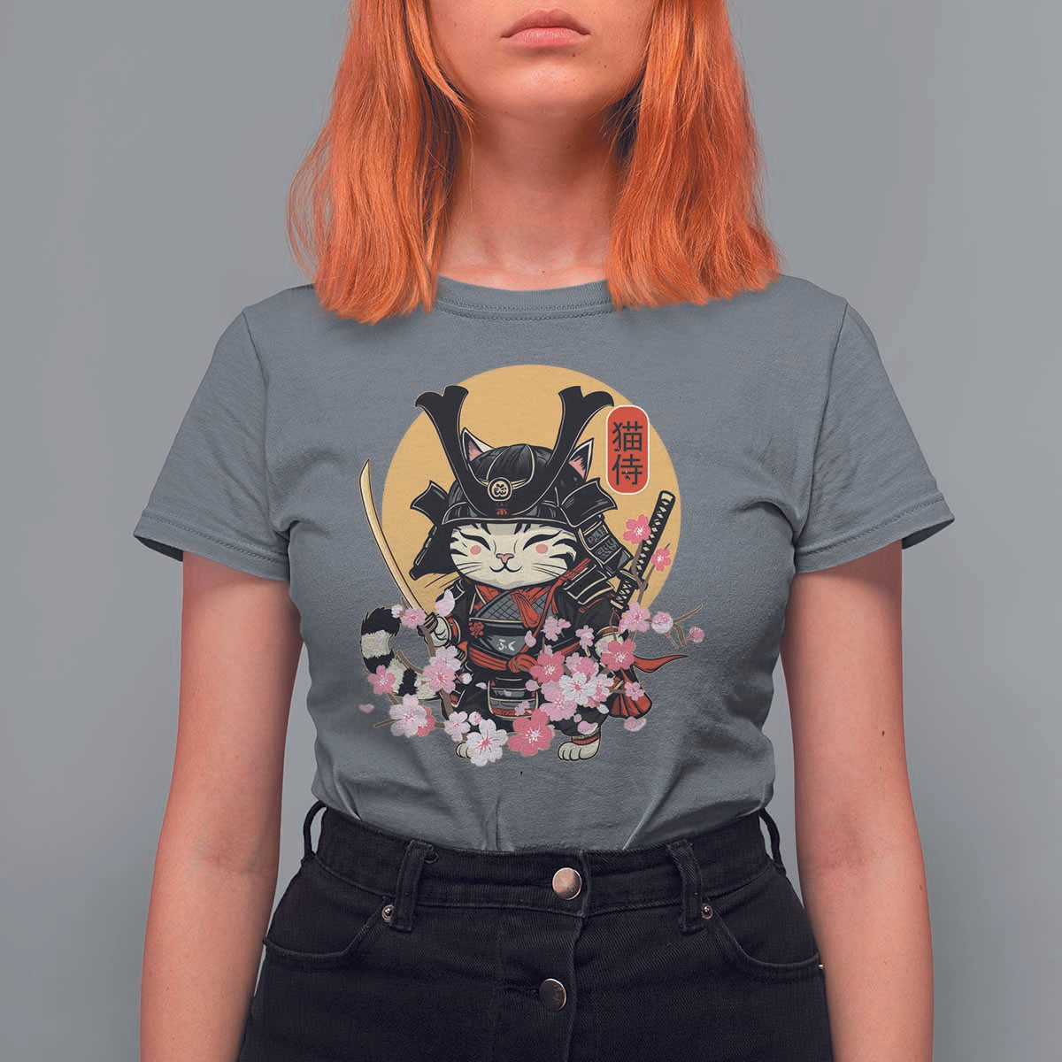 Japanese Samurai Cat T Shirt For Women Ancient Ninja Kitten Warrior Tattoo Kawaii Otaku Retro - Wonder Print Shop
