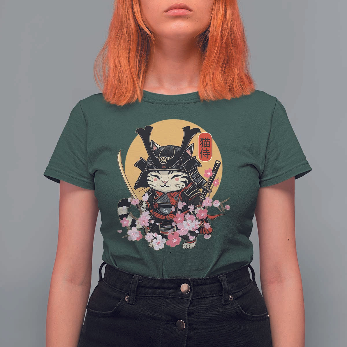 Japanese Samurai Cat T Shirt For Women Ancient Ninja Kitten Warrior Tattoo Kawaii Otaku Retro - Wonder Print Shop