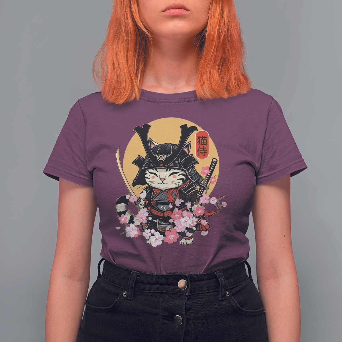 Japanese Samurai Cat T Shirt For Women Ancient Ninja Kitten Warrior Tattoo Kawaii Otaku Retro - Wonder Print Shop