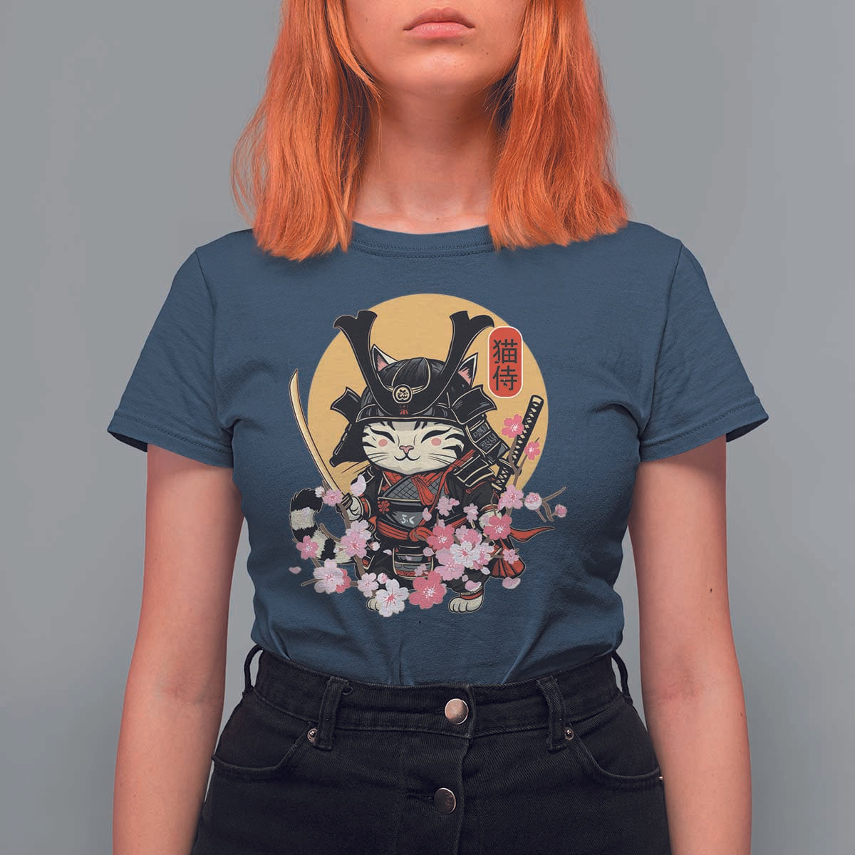 Japanese Samurai Cat T Shirt For Women Ancient Ninja Kitten Warrior Tattoo Kawaii Otaku Retro - Wonder Print Shop