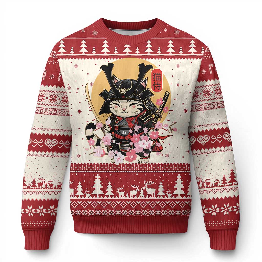 Japanese Samurai Cat Ugly Christmas Sweater Ancient Ninja Kitten Warrior Tattoo Kawaii Otaku Retro - Wonder Print Shop