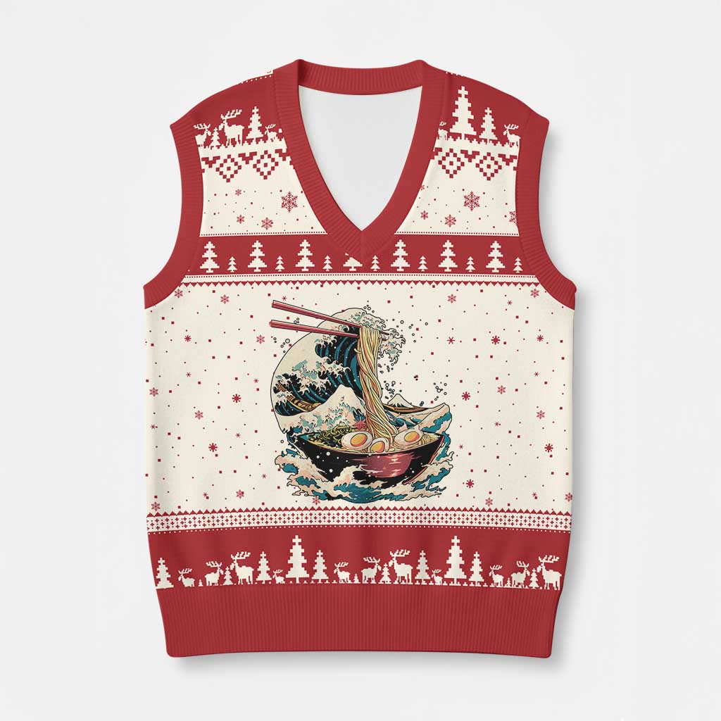 Japanese Kanagawa Wave Ramen Bowl Graphic V-Neck Knit Sweater Vest Retro Anime Noodles Art - Wonder Print Shop