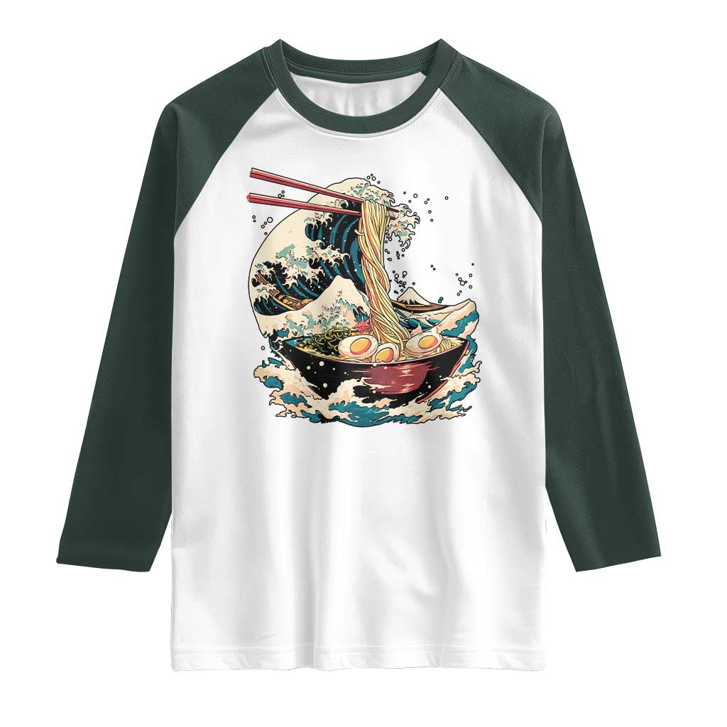 Japanese Kanagawa Wave Ramen Bowl Graphic Raglan Shirt Retro Anime Noodles Art