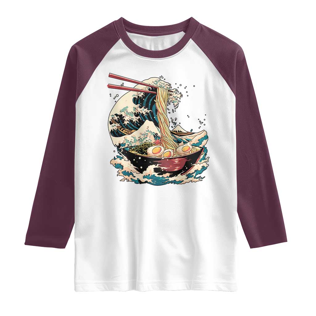 Japanese Kanagawa Wave Ramen Bowl Graphic Raglan Shirt Retro Anime Noodles Art