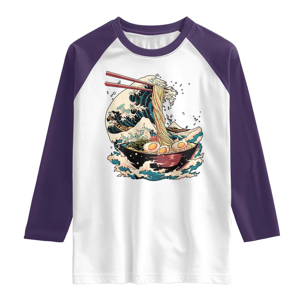 Japanese Kanagawa Wave Ramen Bowl Graphic Raglan Shirt Retro Anime Noodles Art