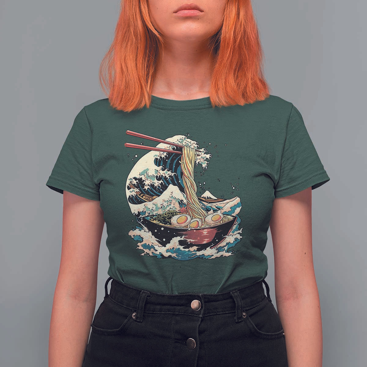 Japanese Kanagawa Wave Ramen Bowl Graphic T Shirt For Women Retro Anime Noodles Art - Wonder Print Shop