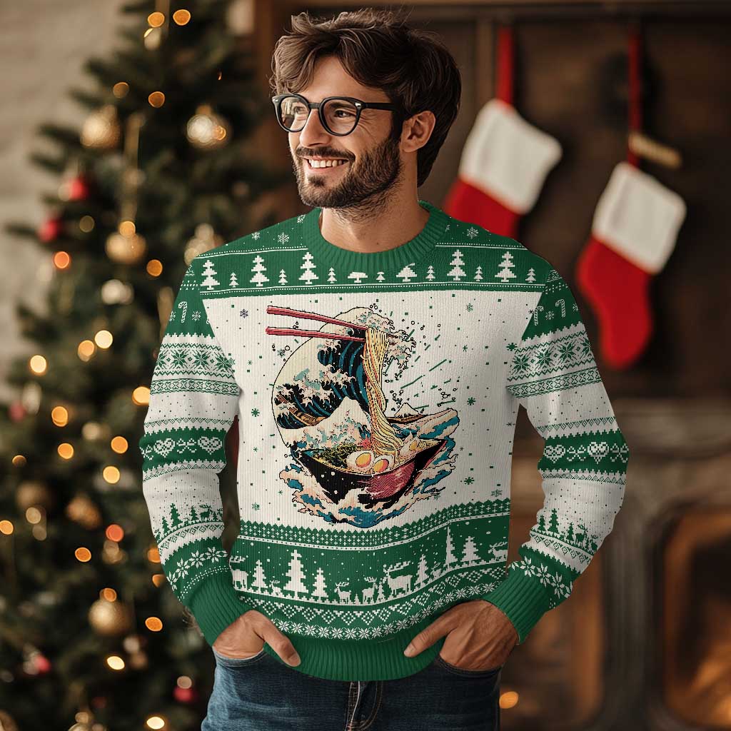 Japanese Kanagawa Wave Ramen Bowl Graphic Ugly Christmas Sweater Retro Anime Noodles Art - Wonder Print Shop