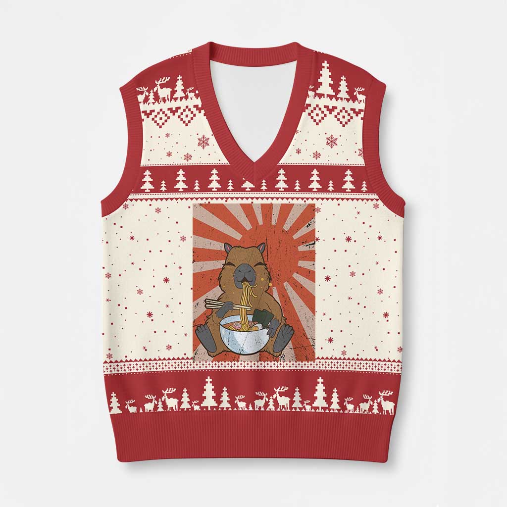 Kawaii Capybara Ramen V-Neck Knit Sweater Vest Cute Capy Meme Japanese Noodles Lover - Wonder Print Shop