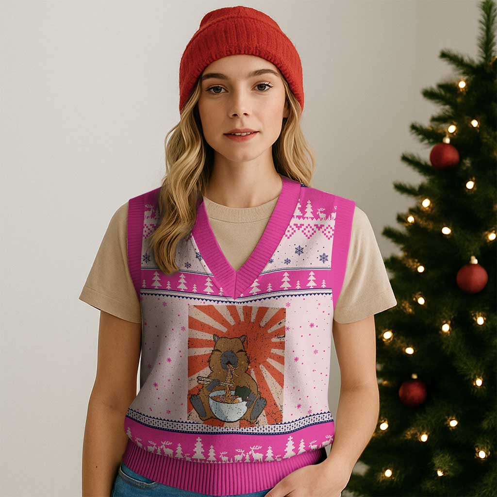 Kawaii Capybara Ramen V-Neck Knit Sweater Vest Cute Capy Meme Japanese Noodles Lover - Wonder Print Shop
