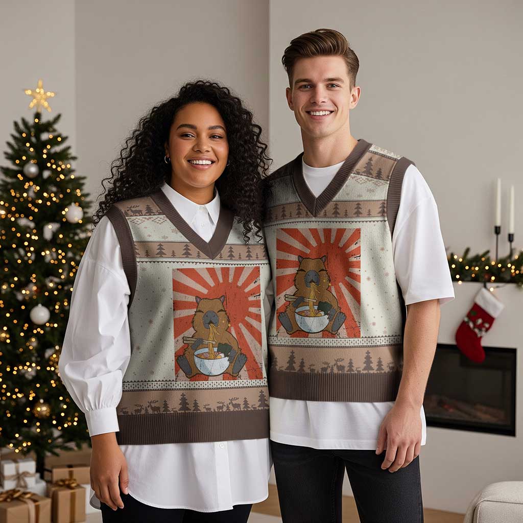 Kawaii Capybara Ramen V-Neck Knit Sweater Vest Cute Capy Meme Japanese Noodles Lover - Wonder Print Shop