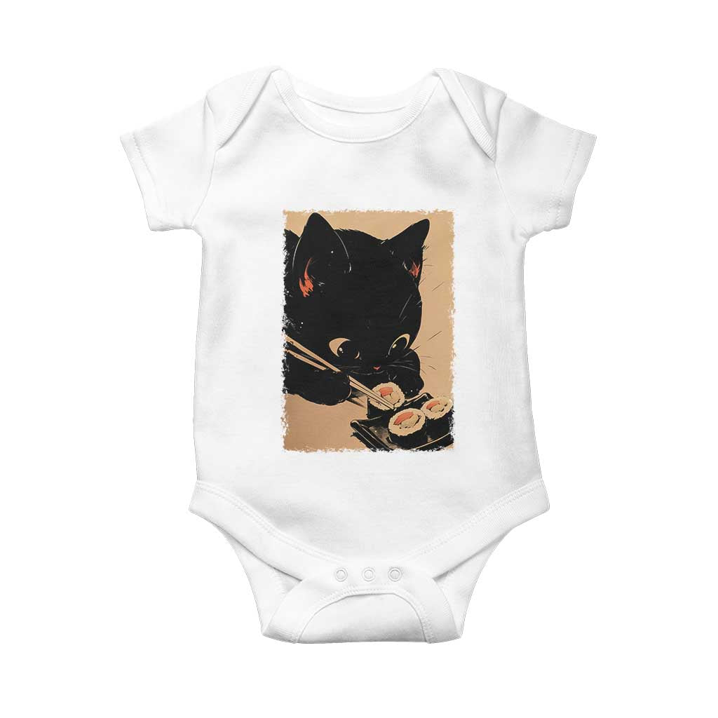 Kawaii Cat Eating Sushi Baby Onesie Japanese Anime Manga Otaku Retro Vintage Graphic