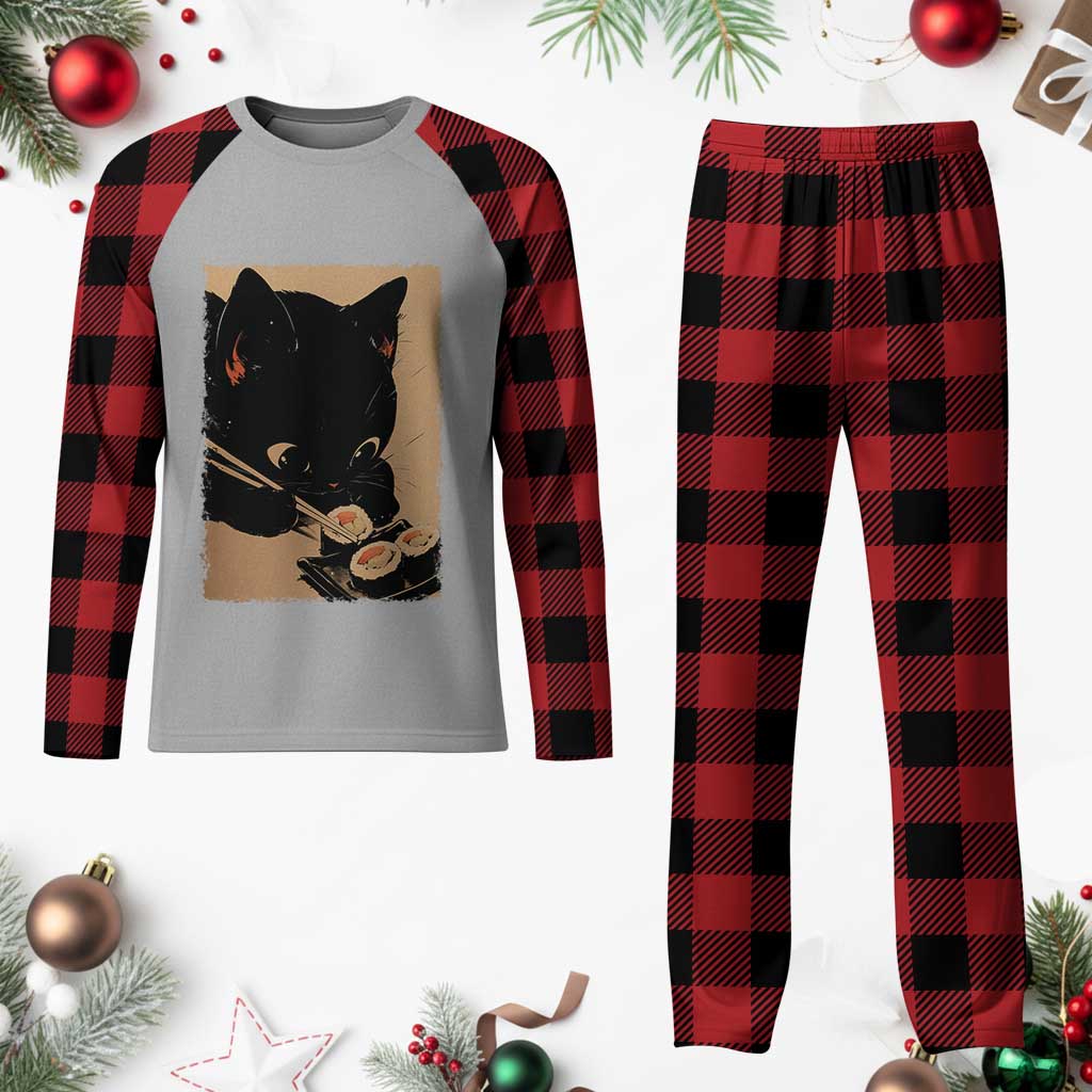 Kawaii Cat Eating Sushi Plaid Pajama Set Japanese Anime Manga Otaku Retro Vintage Graphic - Wonder Print Shop