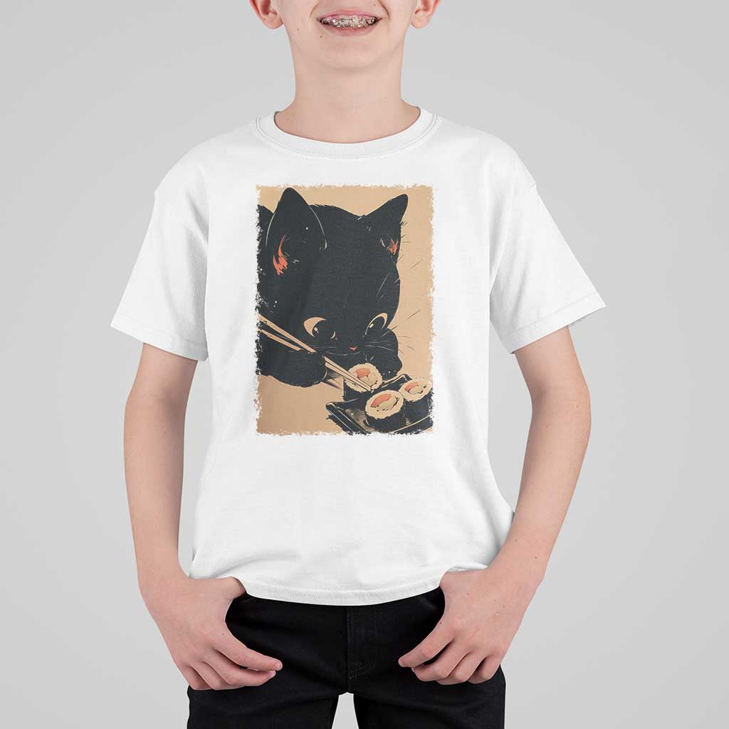 Kawaii Cat Eating Sushi T Shirt For Kid Japanese Anime Manga Otaku Retro Vintage Graphic - Wonder Print Shop