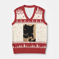 Kawaii Cat Eating Sushi V-Neck Knit Sweater Vest Japanese Anime Manga Otaku Retro Vintage Graphic - Wonder Print Shop