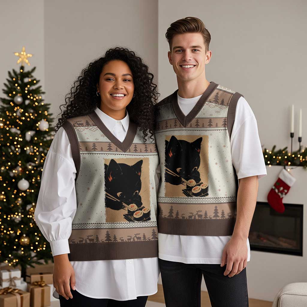 Kawaii Cat Eating Sushi V-Neck Knit Sweater Vest Japanese Anime Manga Otaku Retro Vintage Graphic - Wonder Print Shop