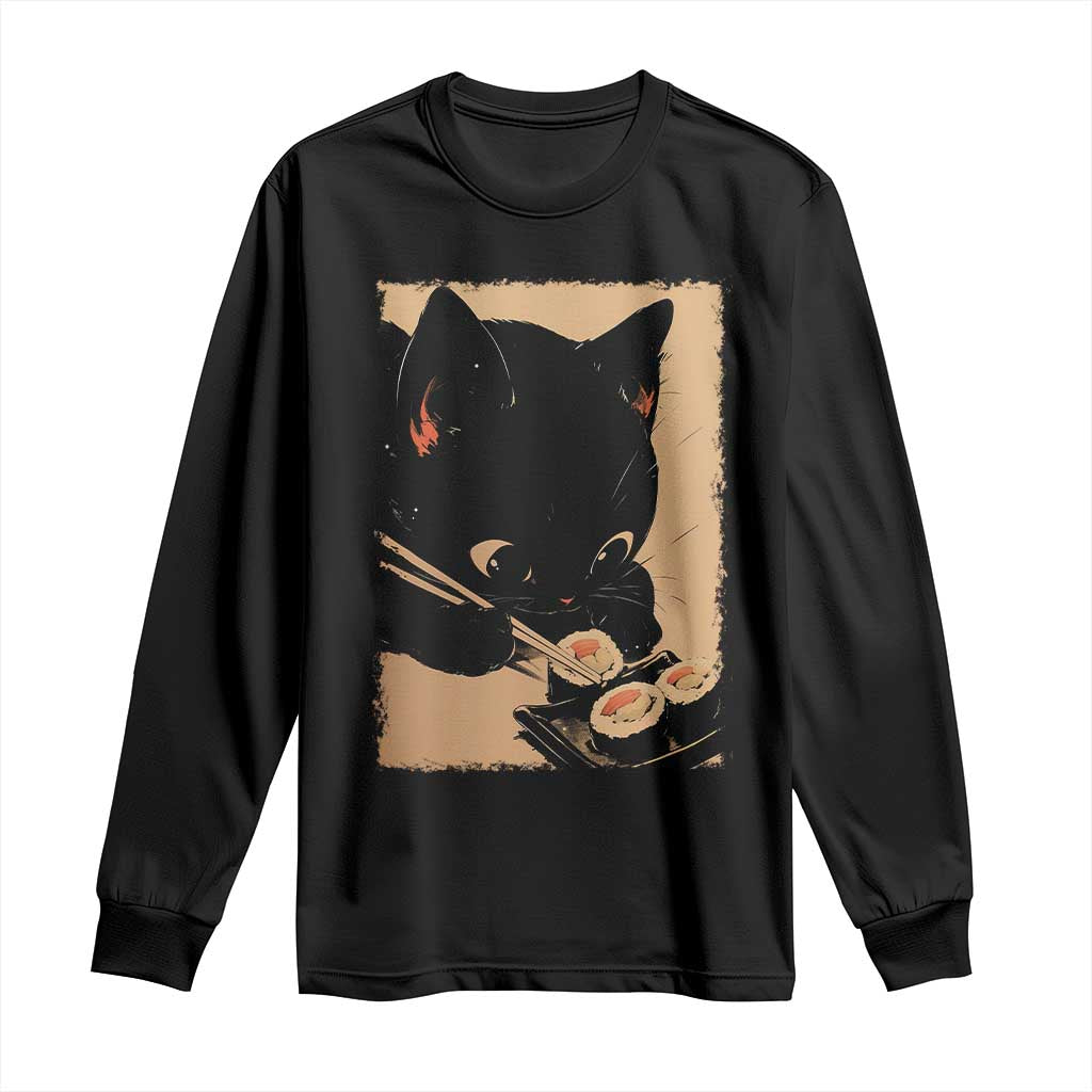Kawaii Cat Eating Sushi Long Sleeve Shirt Japanese Anime Manga Otaku Retro Vintage Graphic