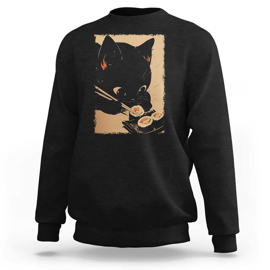 Kawaii Cat Eating Sushi Sweatshirt Japanese Anime Manga Otaku Retro Vintage Graphic - Wonder Print Shop