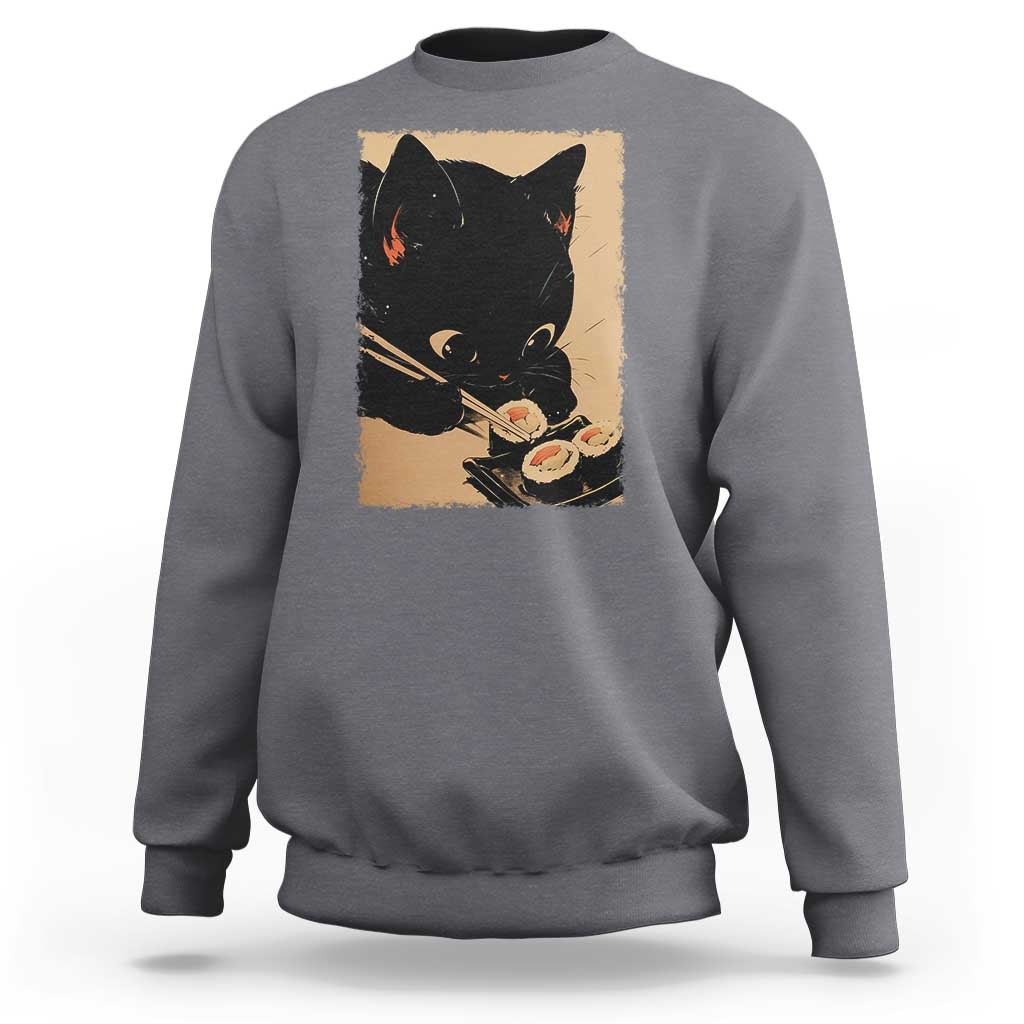 Kawaii Cat Eating Sushi Sweatshirt Japanese Anime Manga Otaku Retro Vintage Graphic - Wonder Print Shop
