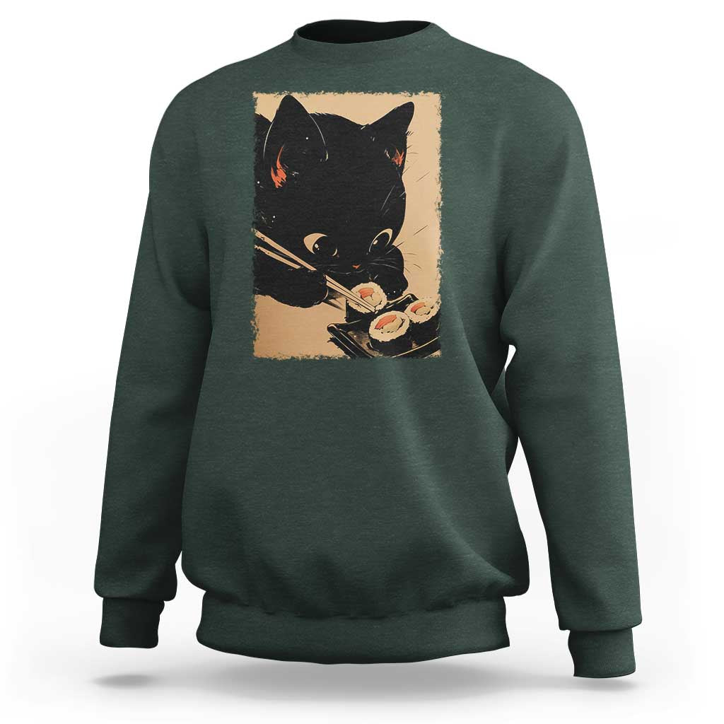 Kawaii Cat Eating Sushi Sweatshirt Japanese Anime Manga Otaku Retro Vintage Graphic - Wonder Print Shop