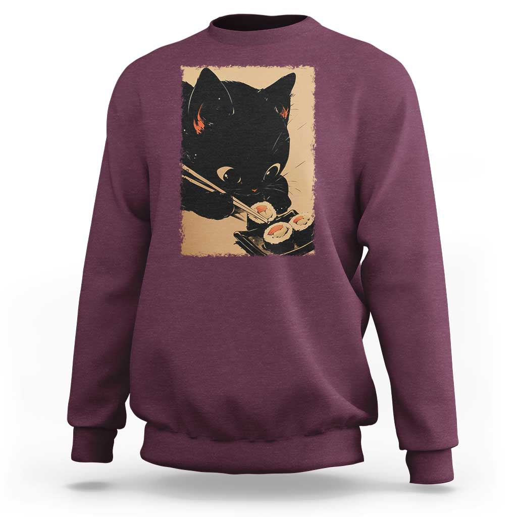 Kawaii Cat Eating Sushi Sweatshirt Japanese Anime Manga Otaku Retro Vintage Graphic - Wonder Print Shop