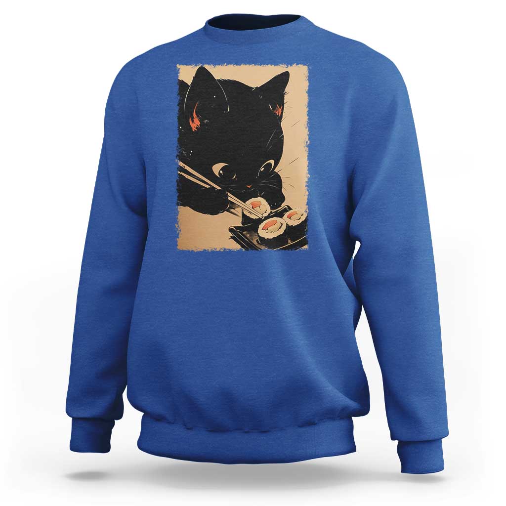 Kawaii Cat Eating Sushi Sweatshirt Japanese Anime Manga Otaku Retro Vintage Graphic - Wonder Print Shop