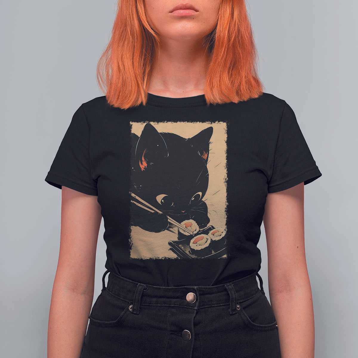 Kawaii Cat Eating Sushi T Shirt For Women Japanese Anime Manga Otaku Retro Vintage Graphic - Wonder Print Shop